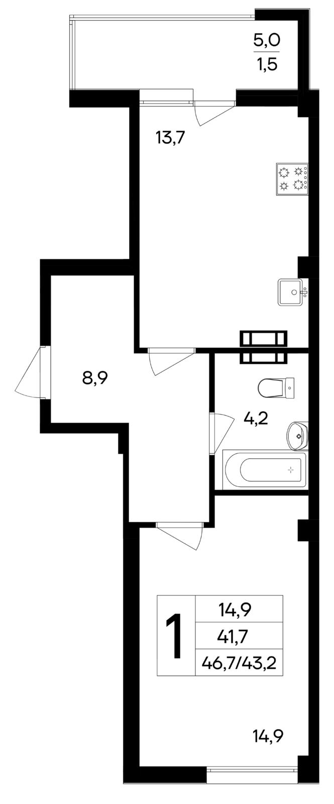 1-к, 46.7 м² · Ботаника