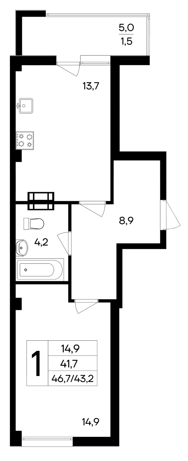 1-к, 46.7 м² · Ботаника