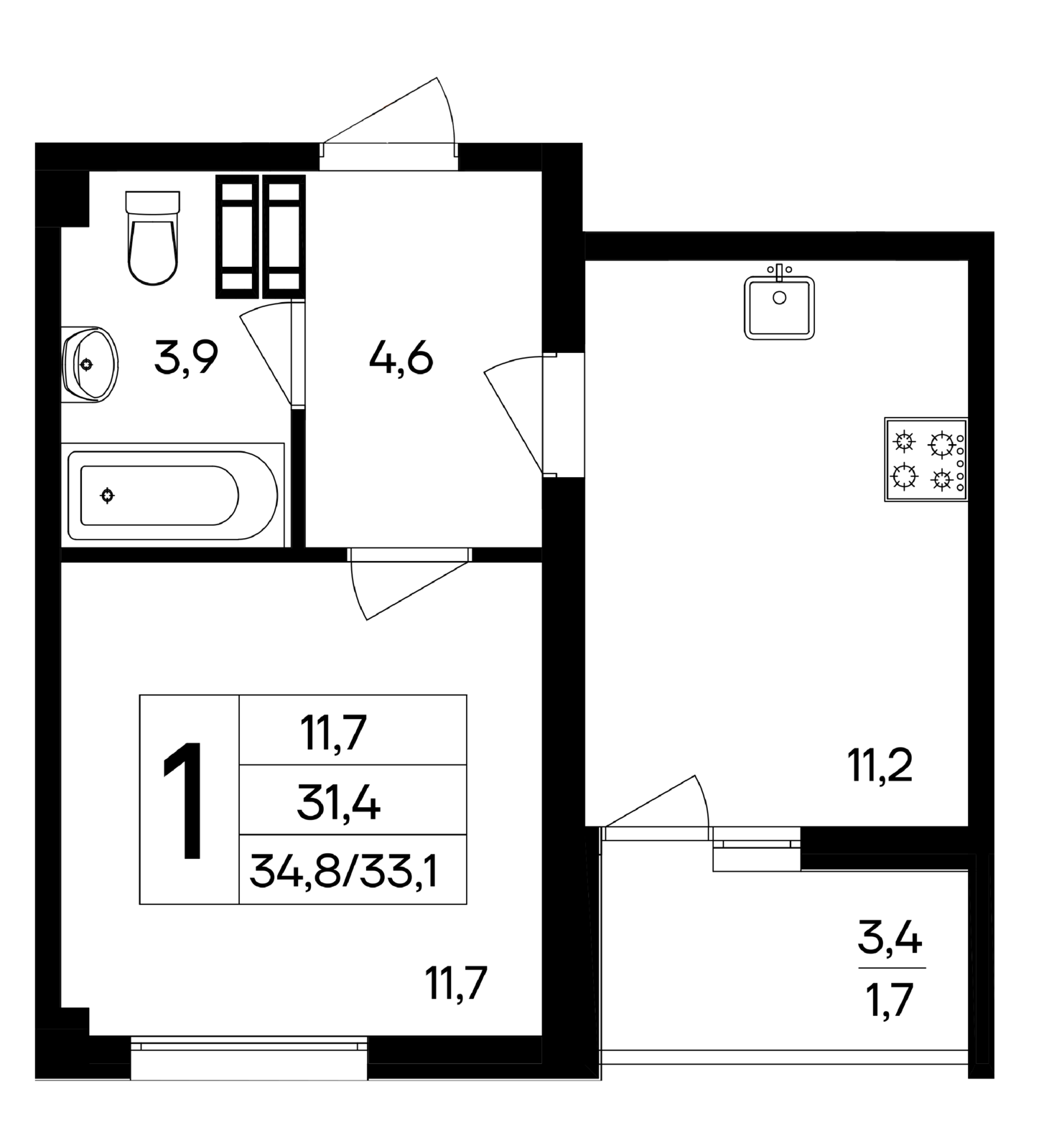 1-к, 34.8 м² · Ботаника