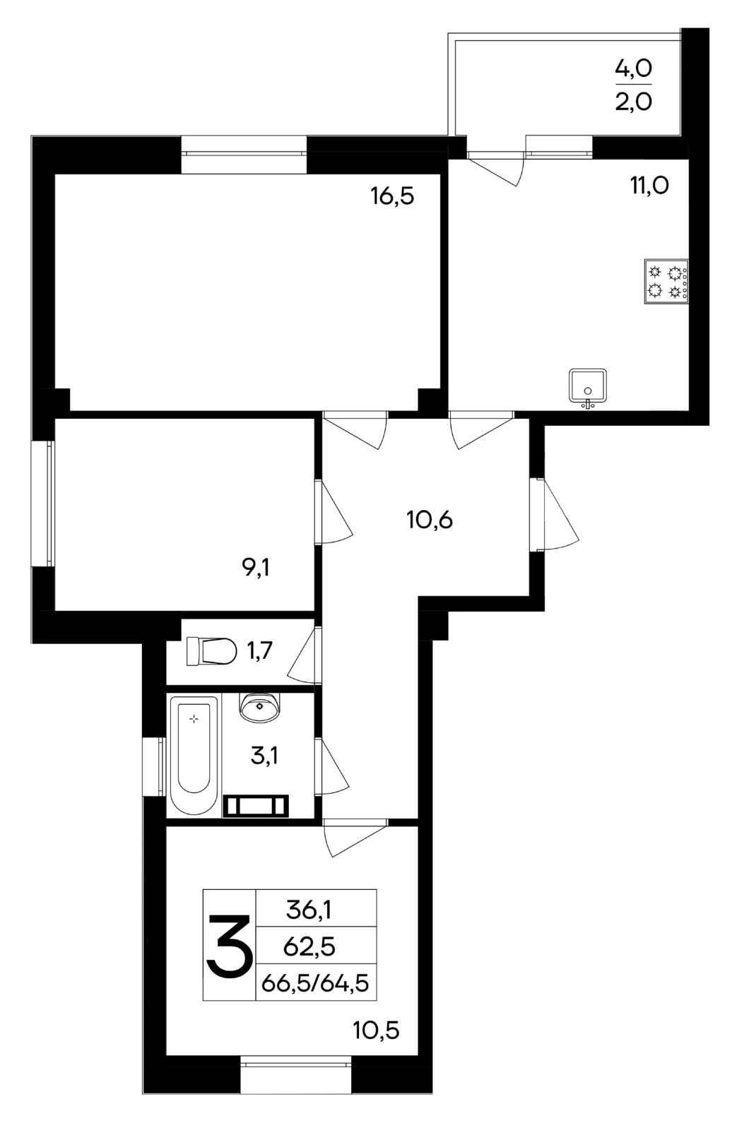 3-к, 66.5 м² · Ботаника