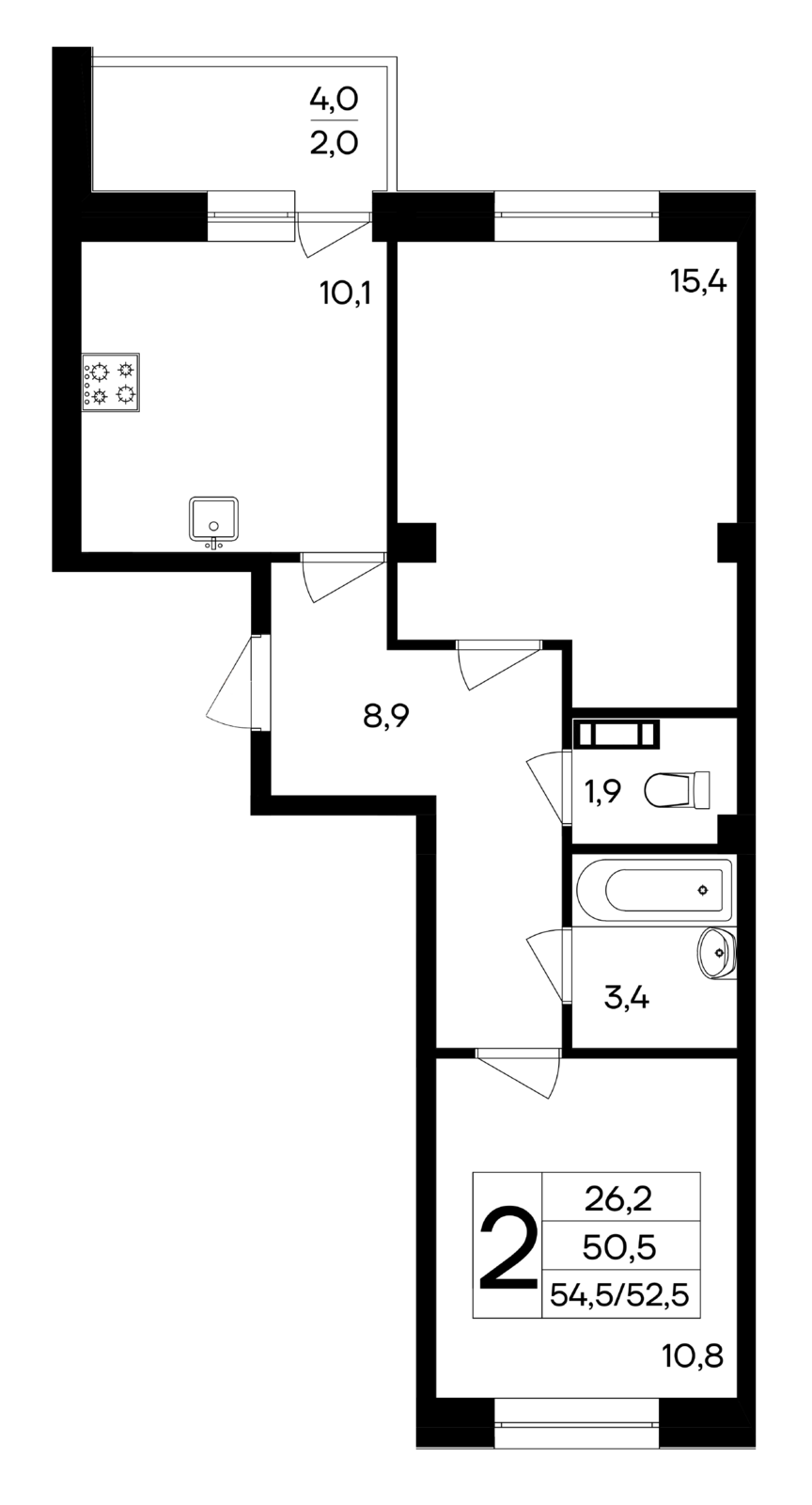 2-к, 54.5 м² · Ботаника