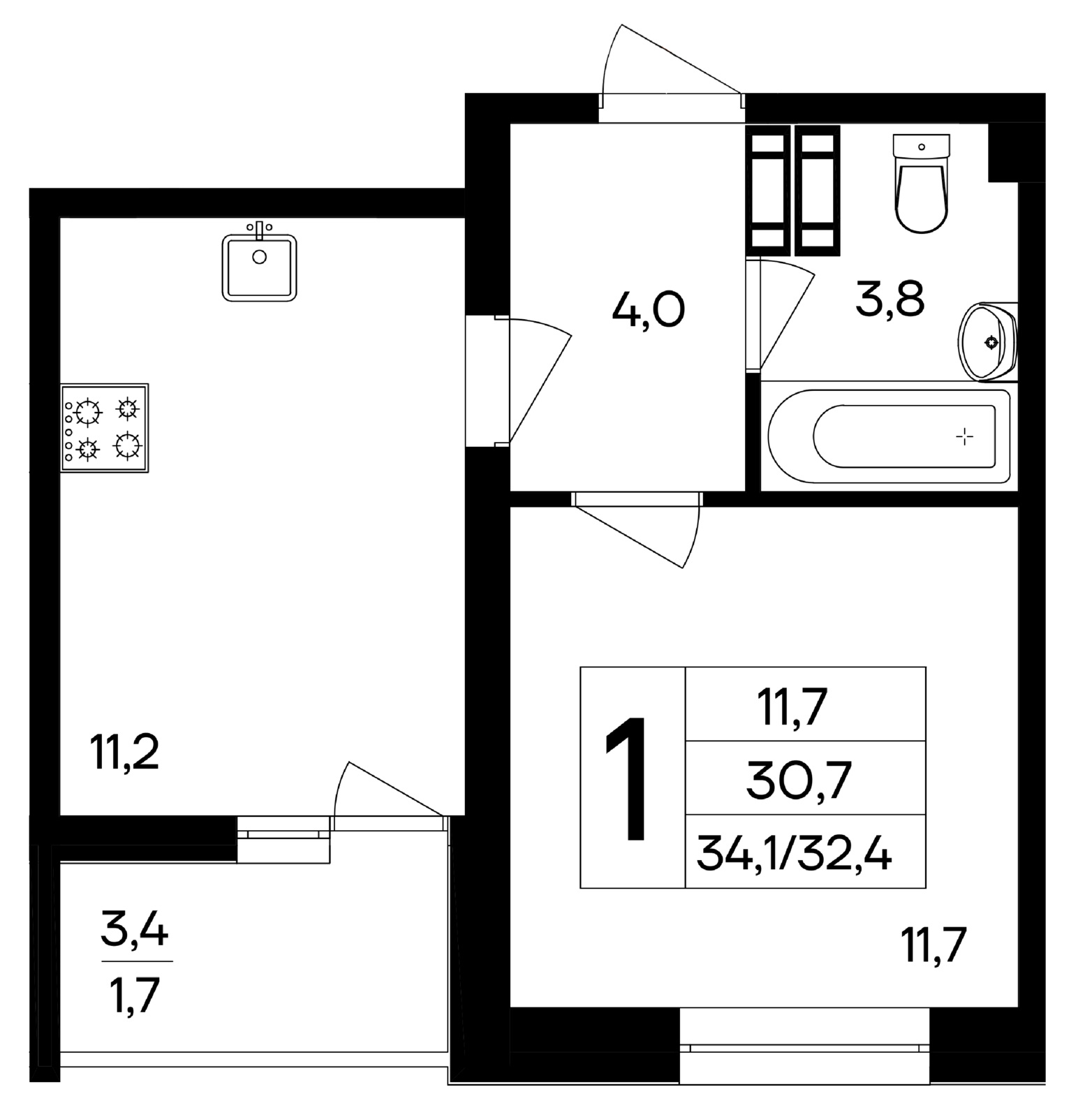 1-к, 34.1 м² · Ботаника