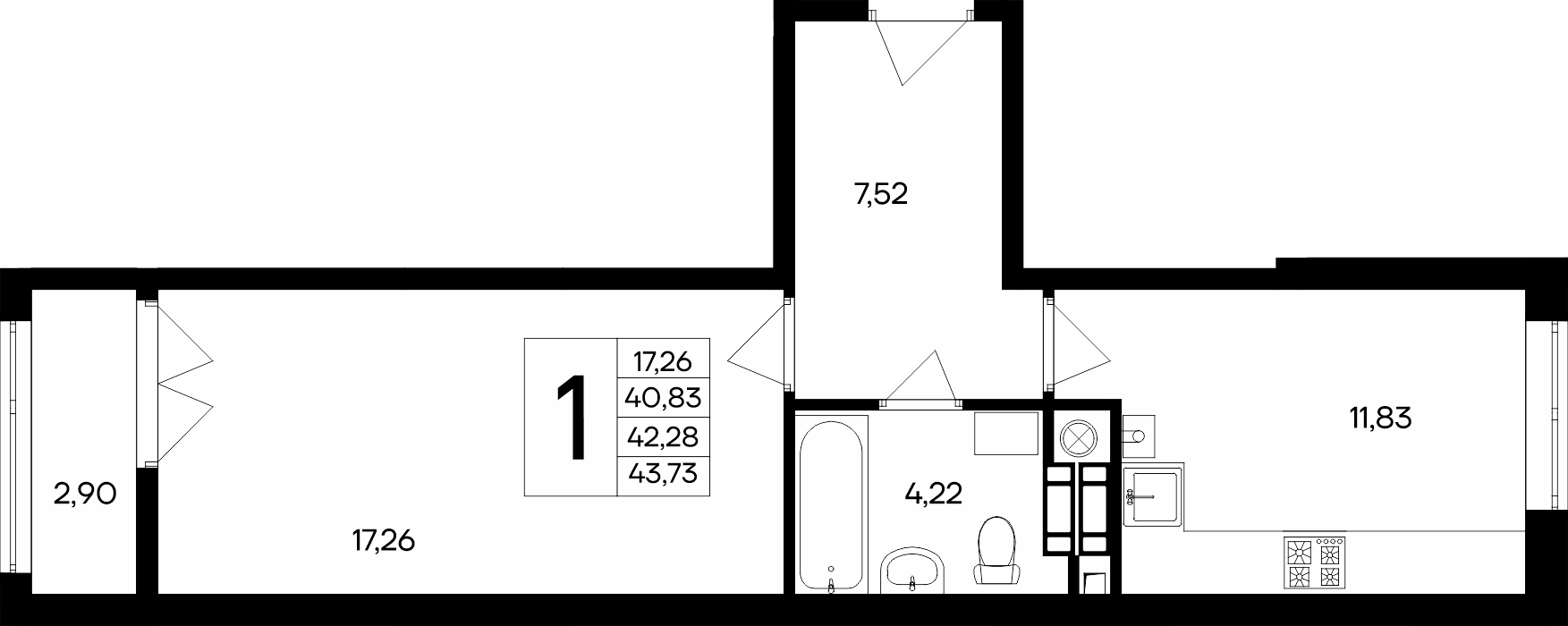 1-к, 43.73 м² · Сезоны