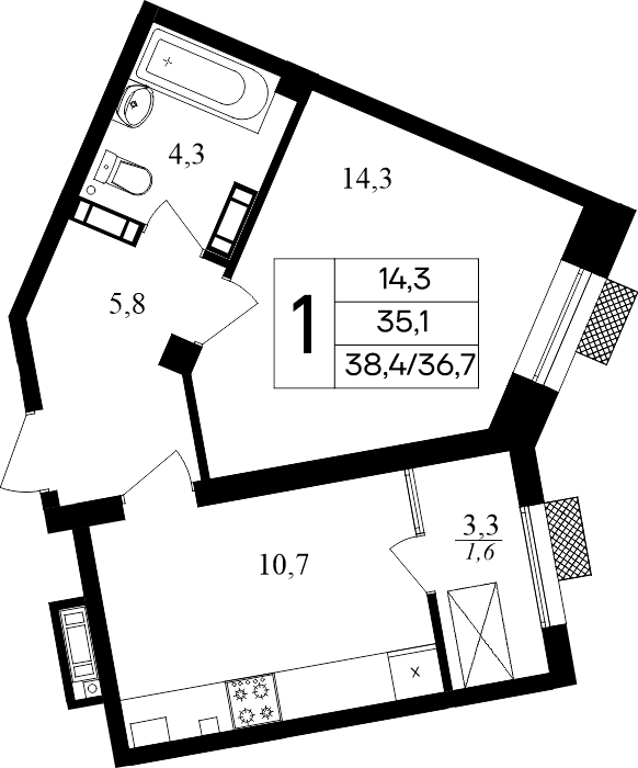 1-к, 38.4 м² · Маячная