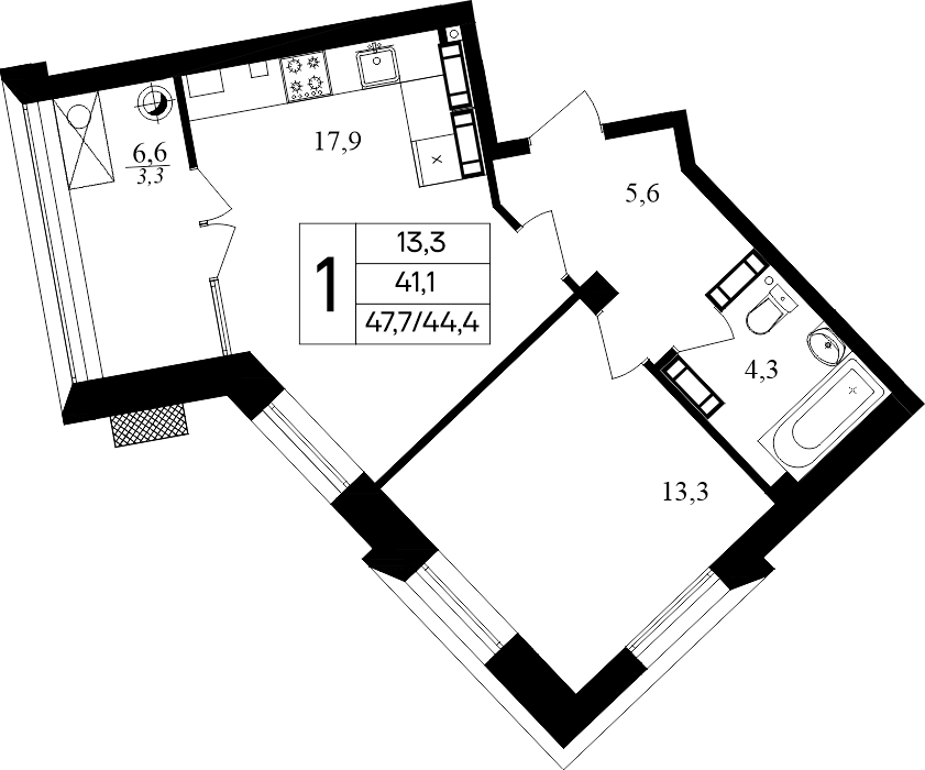 1-к, 47.7 м² · Маячная