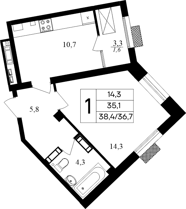 1-к, 38.4 м² · Маячная
