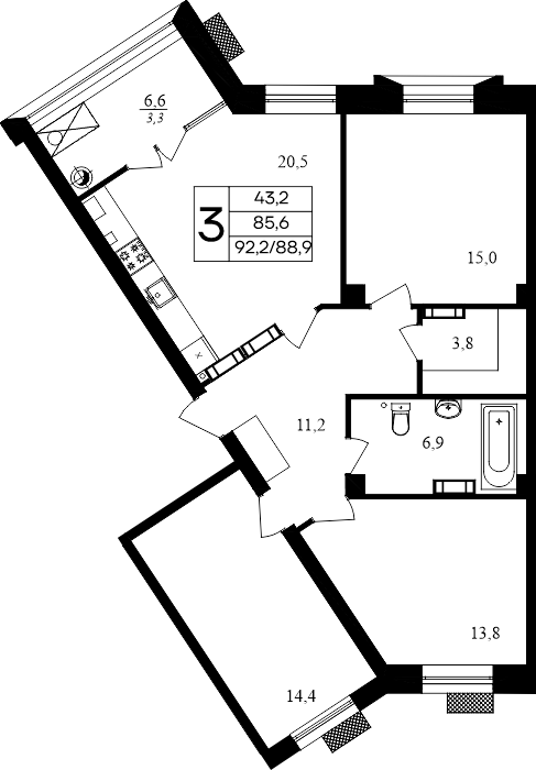 3-к, 92.2 м² · Маячная