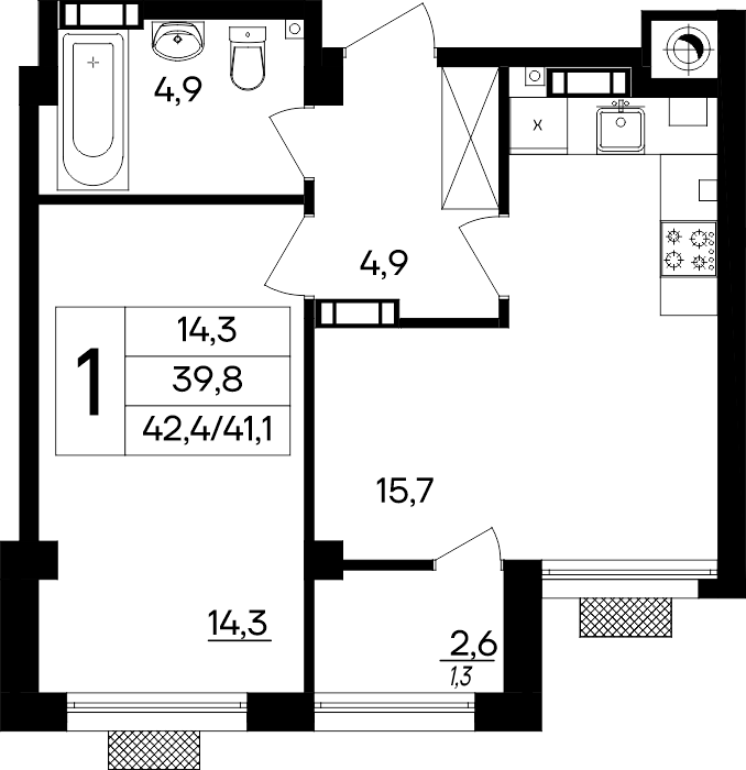 1-к, 42.4 м² · Маячная