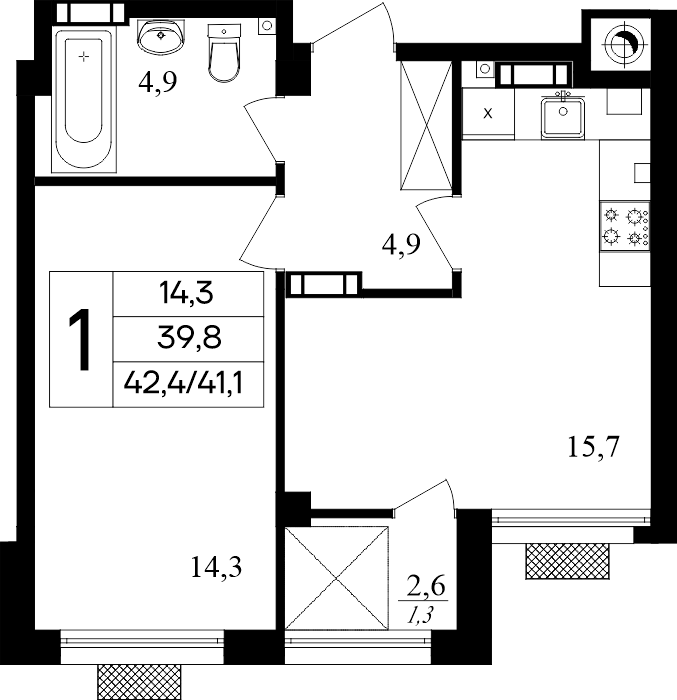 1-к, 42.4 м² · Маячная