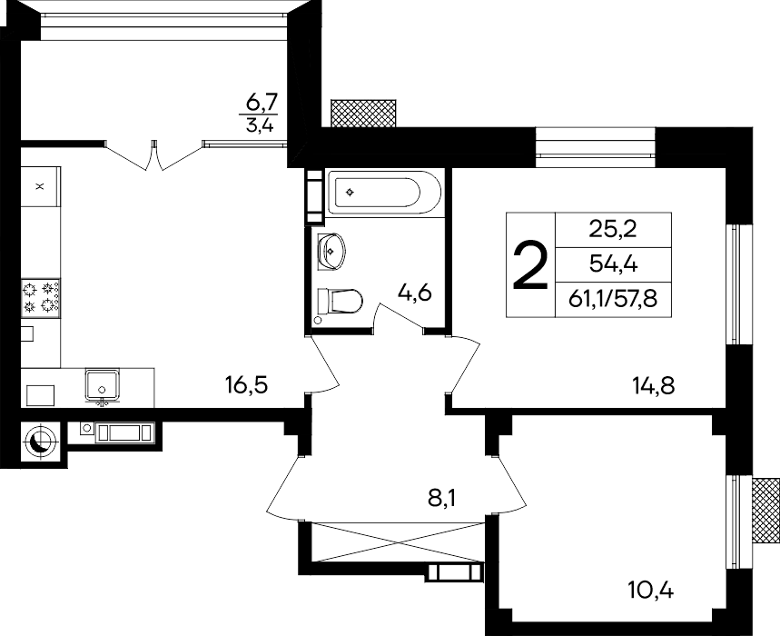 2-к, 61.1 м² · Маячная