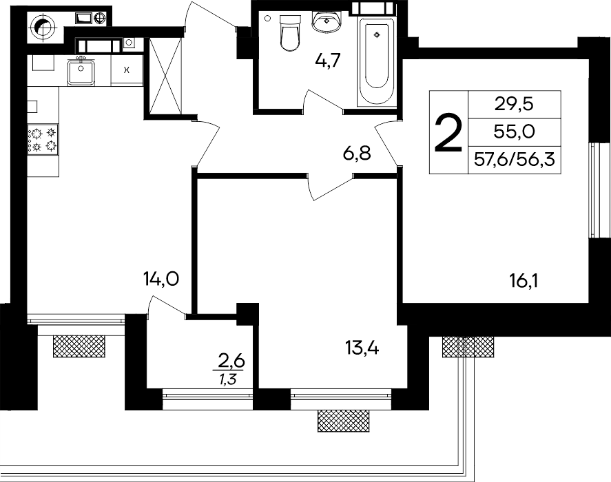 2-к, 57.6 м² · Маячная