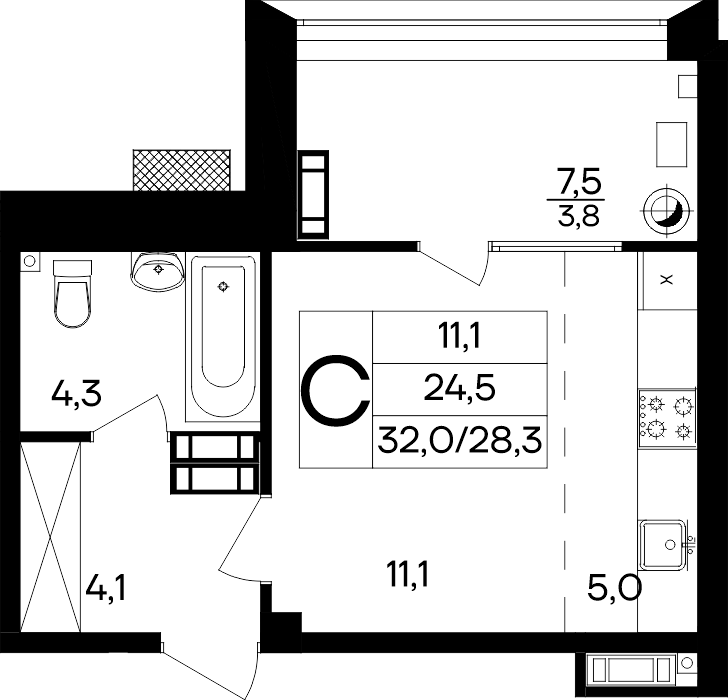 Студия, 32 м² · Маячная