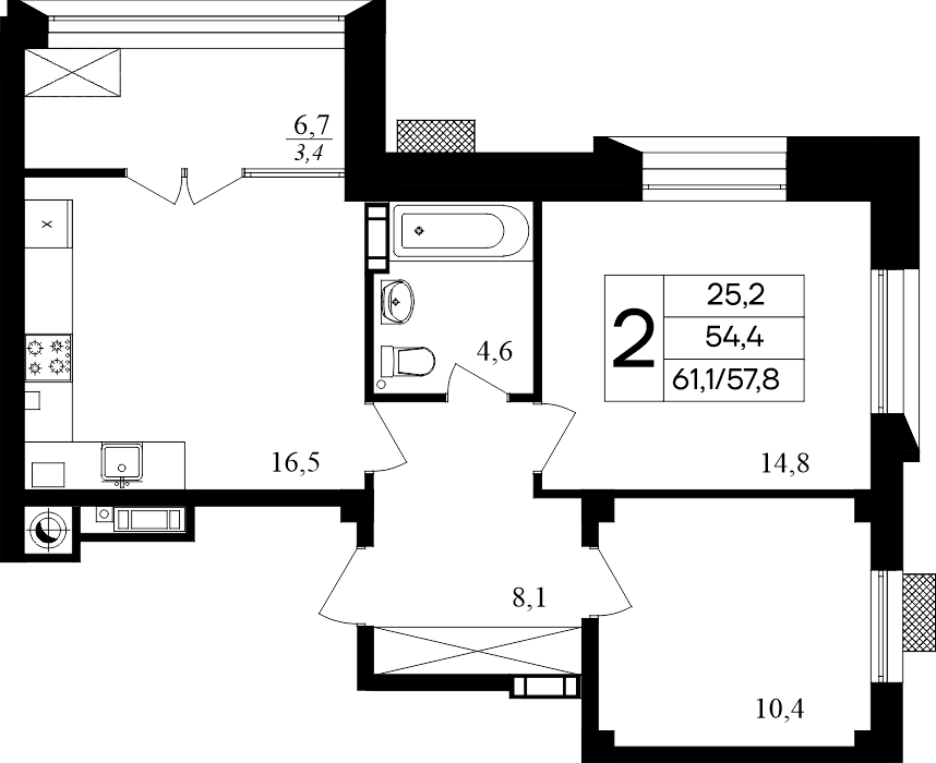2-к, 61.1 м² · Маячная