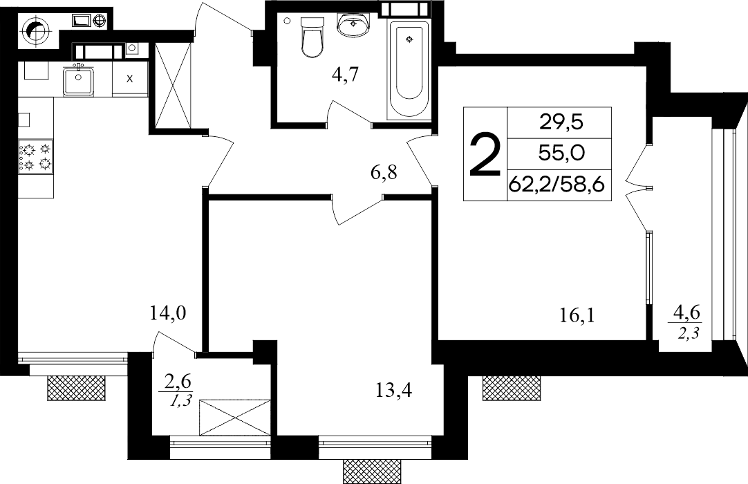 2-к, 62.2 м² · Маячная
