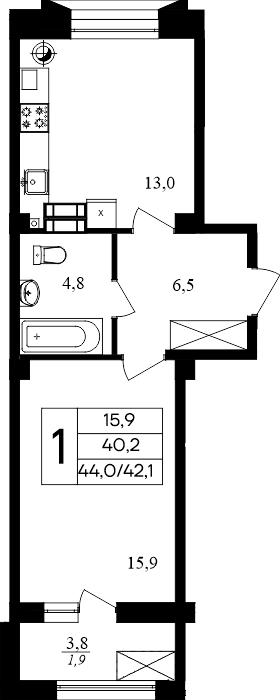 1-к, 44 м² · Маячная