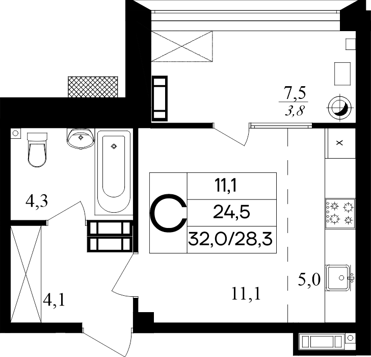 Студия, 32 м² · Маячная