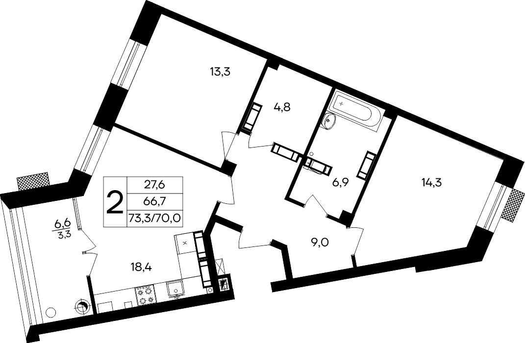 2-к, 73.3 м² · Маячная