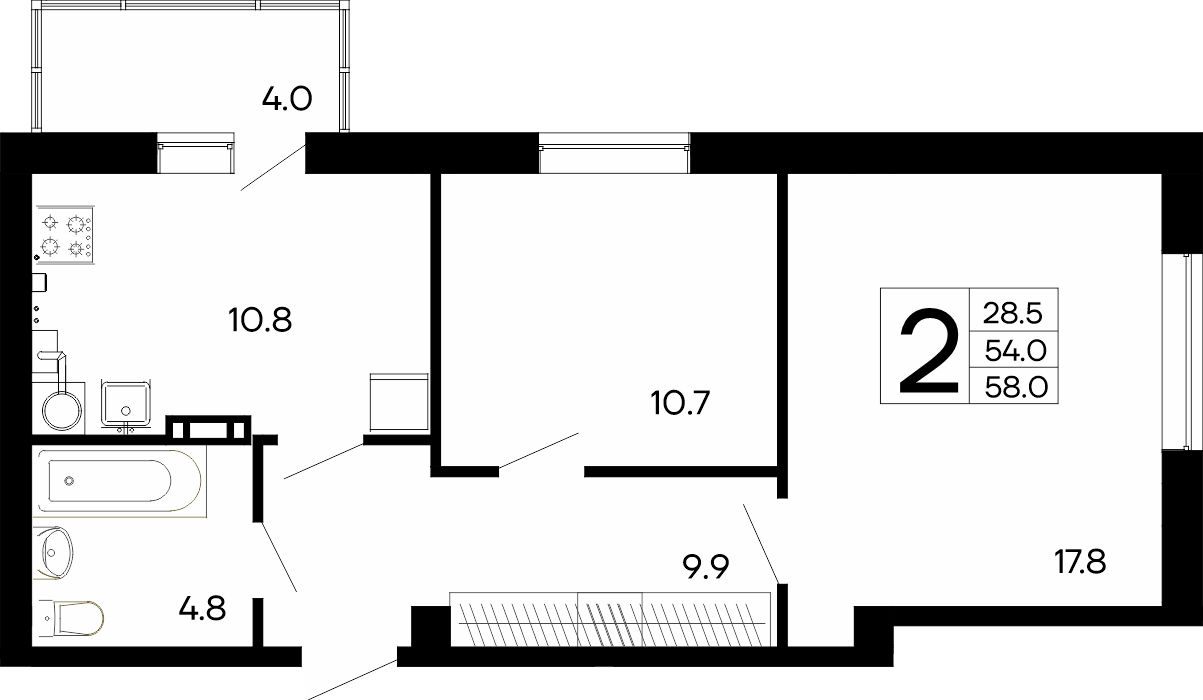 2-к, 58 м² · Утёсов