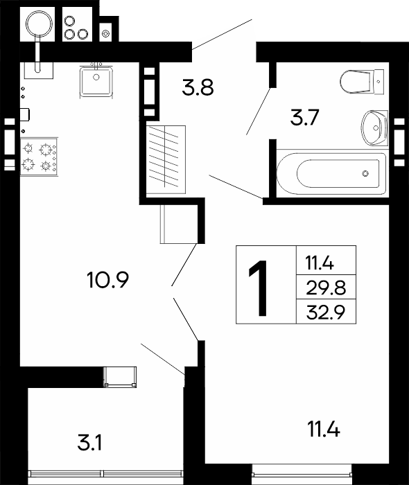 1-к, 32.9 м² · Утёсов