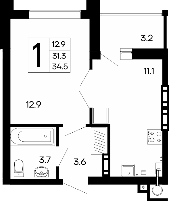 1-к, 34.5 м² · Утёсов