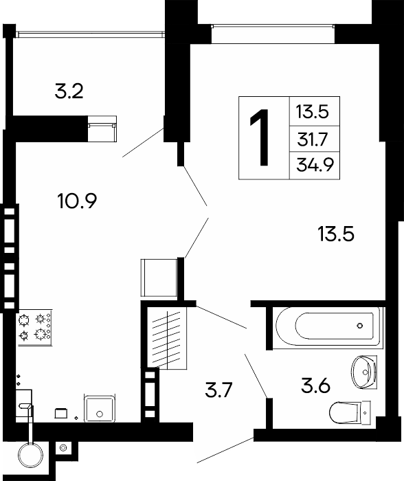 1-к, 34.9 м² · Утёсов