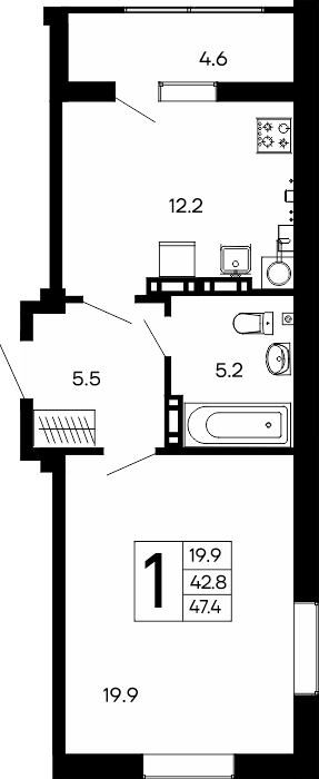 1-к, 47.4 м² · Утёсов