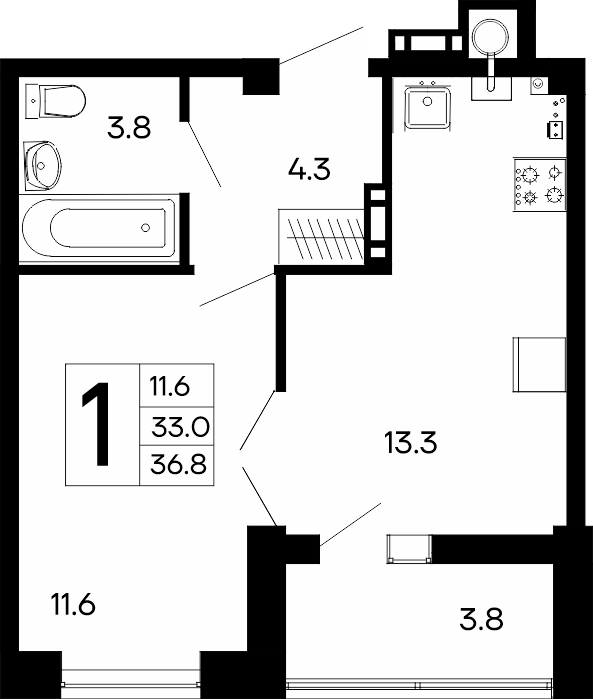 1-к, 36.8 м² · Утёсов