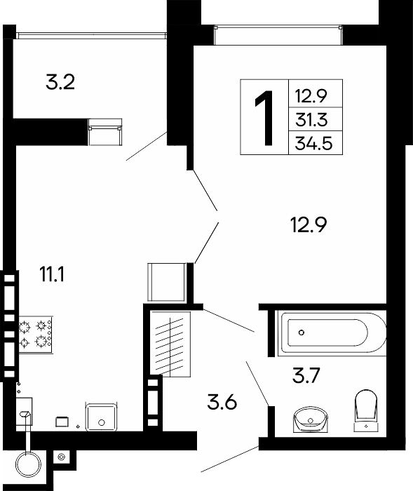 1-к, 34.5 м² · Утёсов