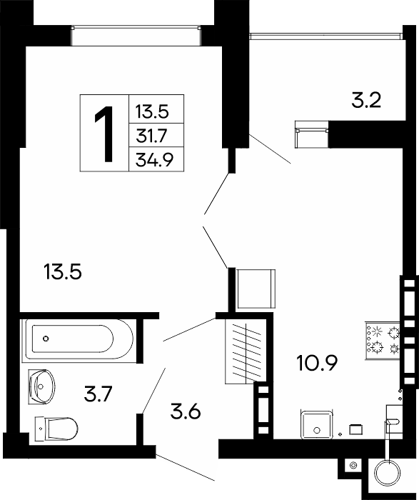 1-к, 34.9 м² · Утёсов