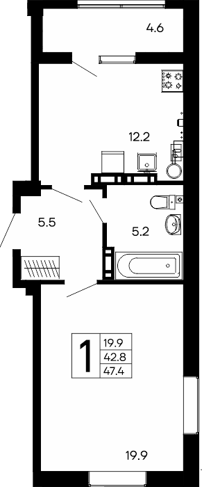 1-к, 47.4 м² · Утёсов