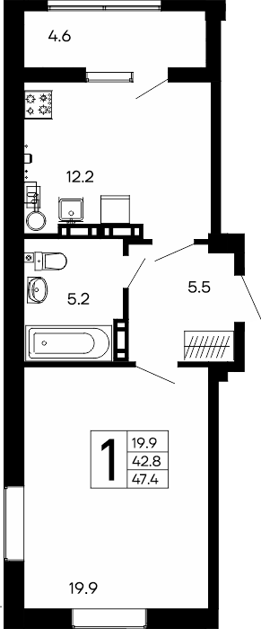 1-к, 47.4 м² · Утёсов