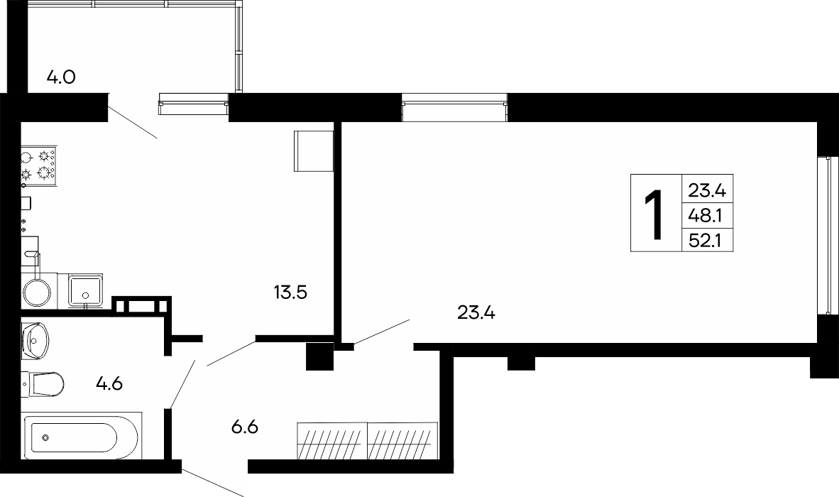 1-к, 52.1 м² · Утёсов