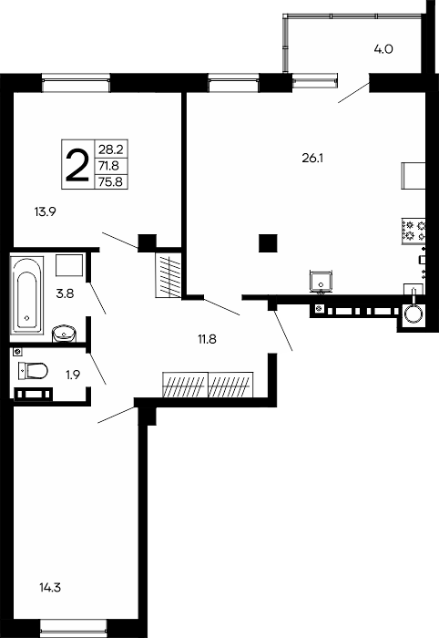 2-к, 75.8 м² · Утёсов