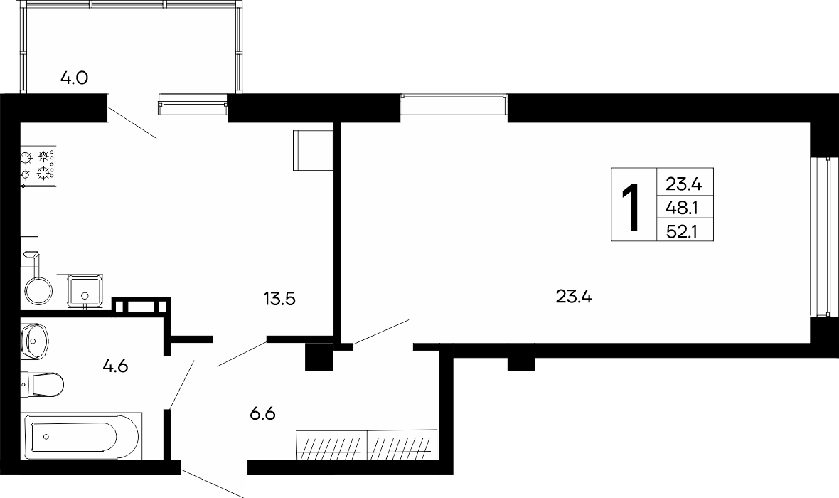 1-к, 52.1 м² · Утёсов