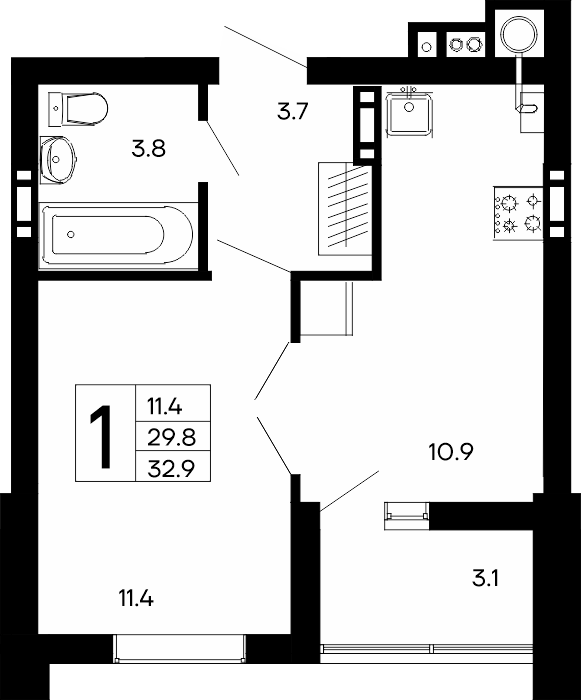 1-к, 32.9 м² · Утёсов