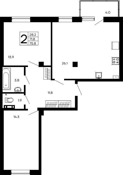 2-к, 75.8 м² · Утёсов