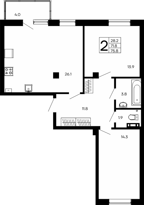 2-к, 75.8 м² · Утёсов