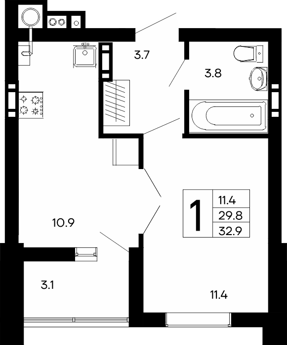 1-к, 32.9 м² · Утёсов