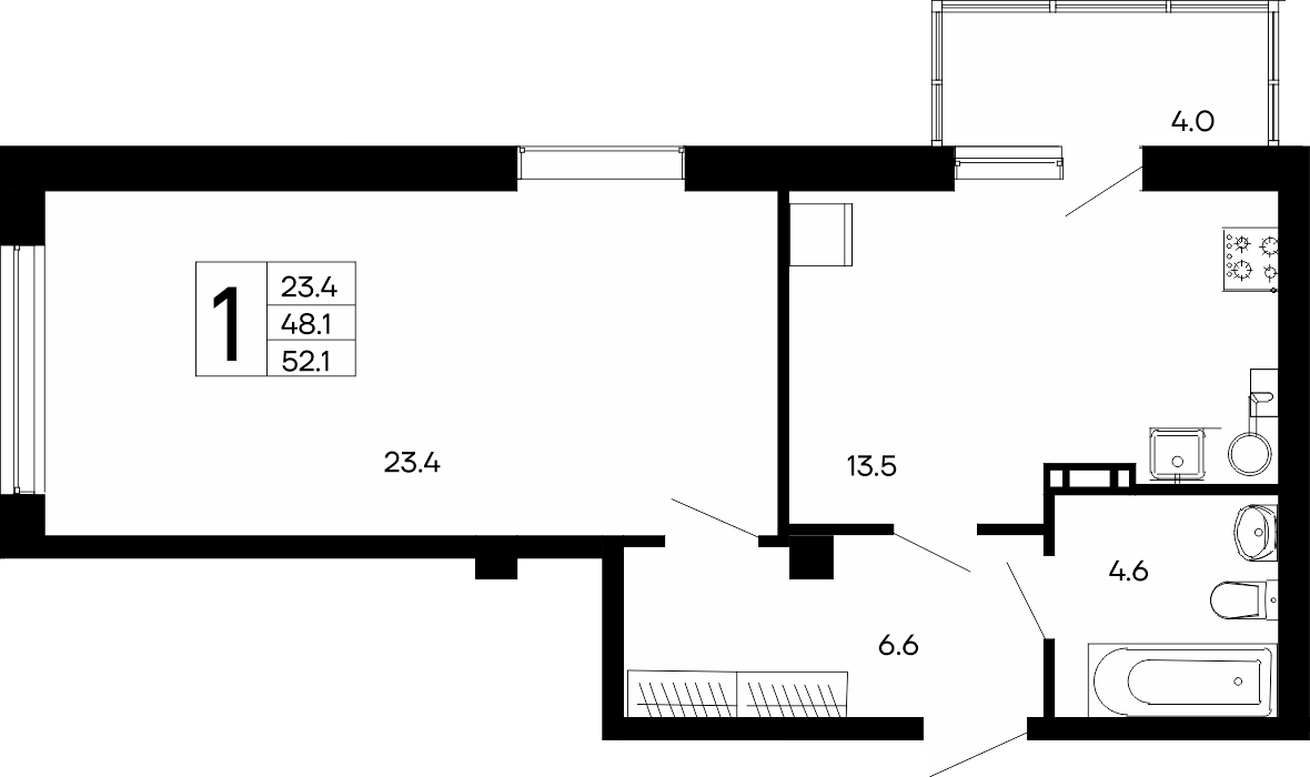 1-к, 52.1 м² · Утёсов