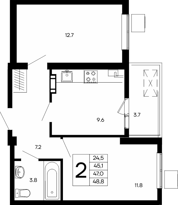 2-к, 48.8 м² · Небо