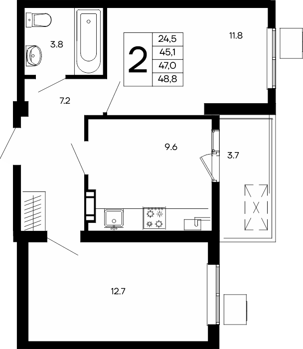 2-к, 48.8 м² · Небо