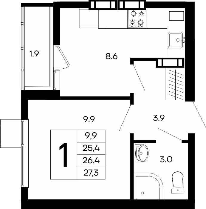 1-к, 27.3 м² · Небо