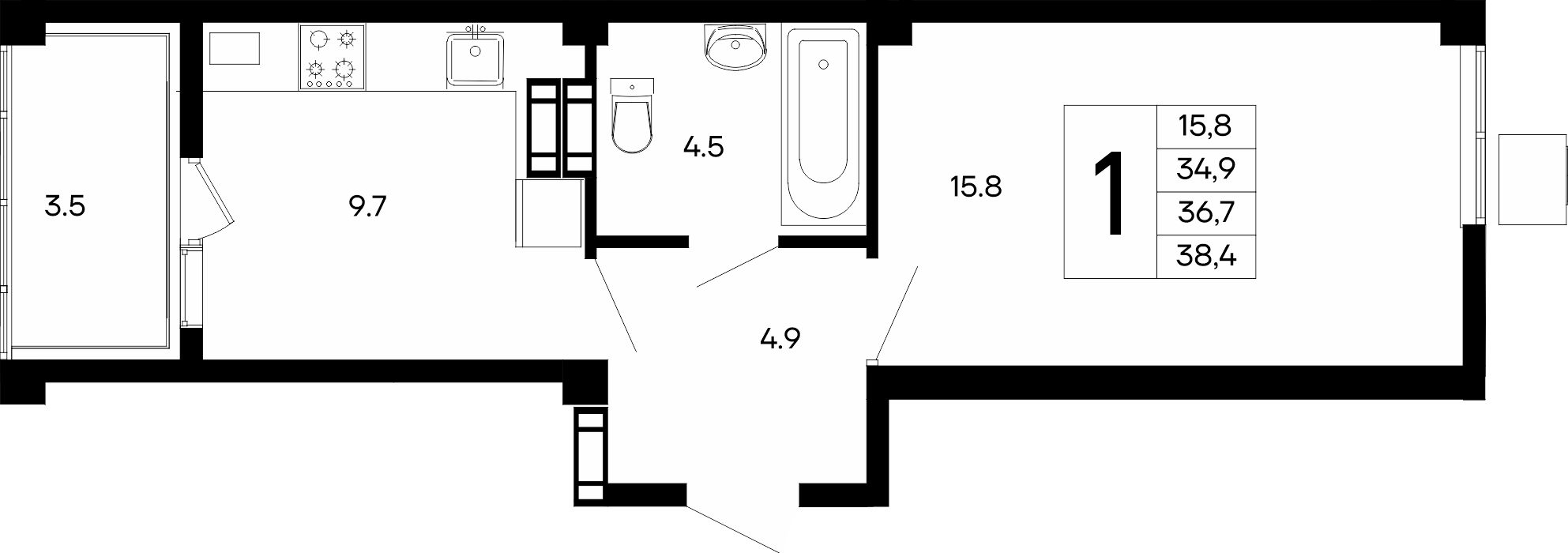 1-к, 38.4 м² · Небо