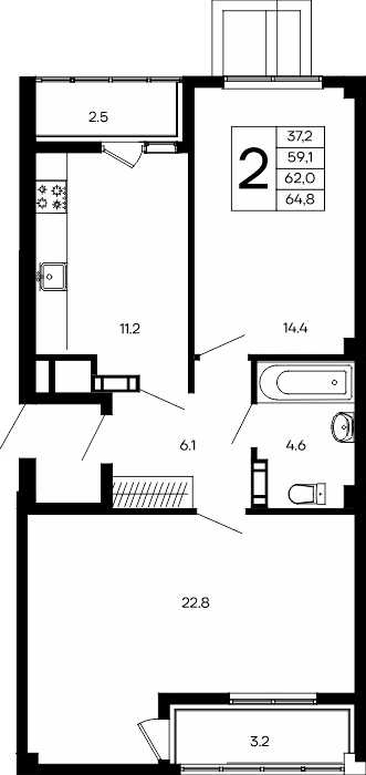 2-к, 64.8 м² · Небо
