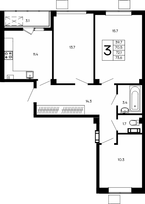 3-к, 73.6 м² · Небо