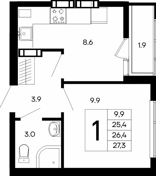1-к, 27.3 м² · Небо