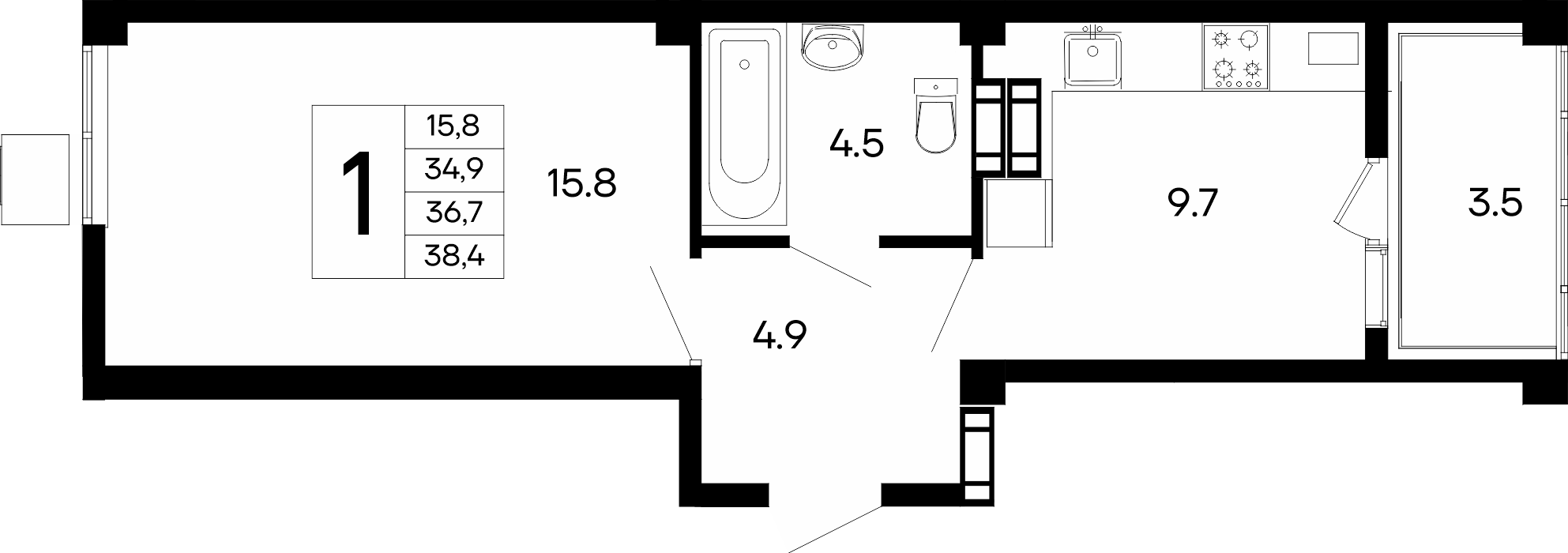 1-к, 38.4 м² · Небо