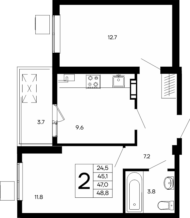 2-к, 48.8 м² · Небо
