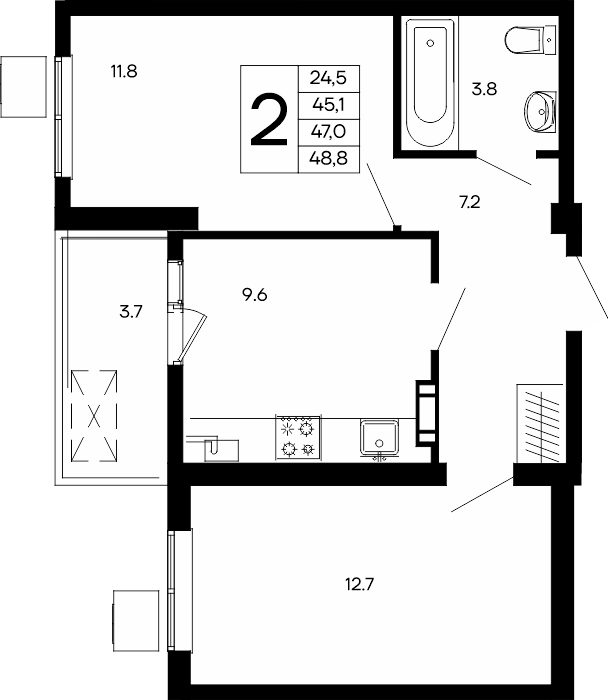 2-к, 48.8 м² · Небо