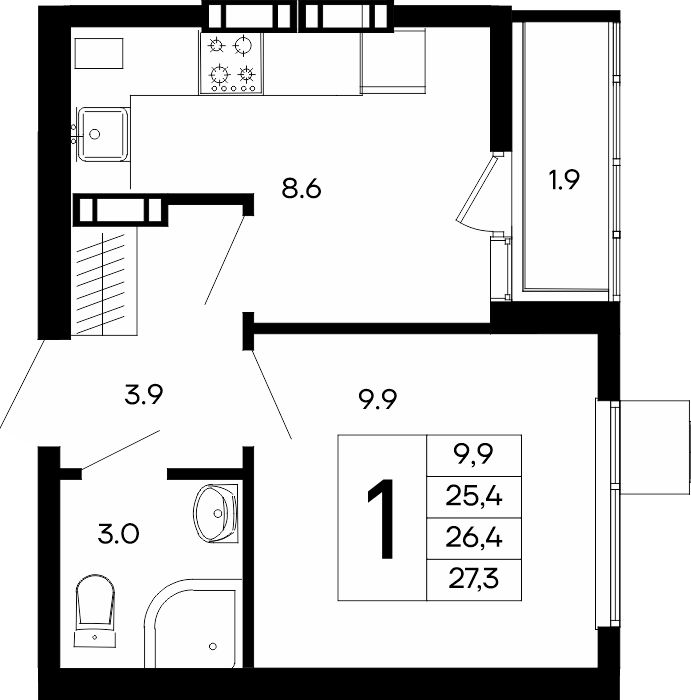 1-к, 27.3 м² · Небо